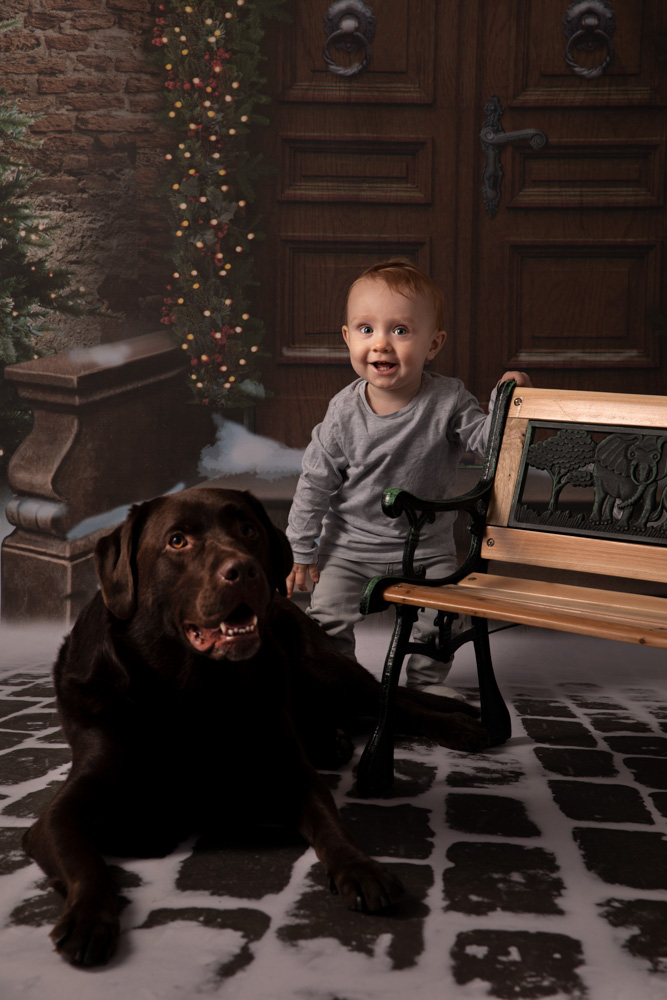 Junge steht an einer Bank, sein Hund liegt davor. weihnachten 2022